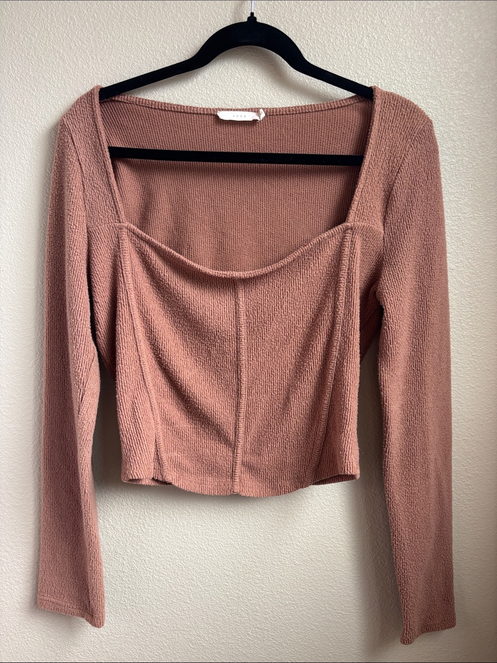 LUSH Dusty Rose Corset Sweetheart Long Sleeve Knit Top Size L
